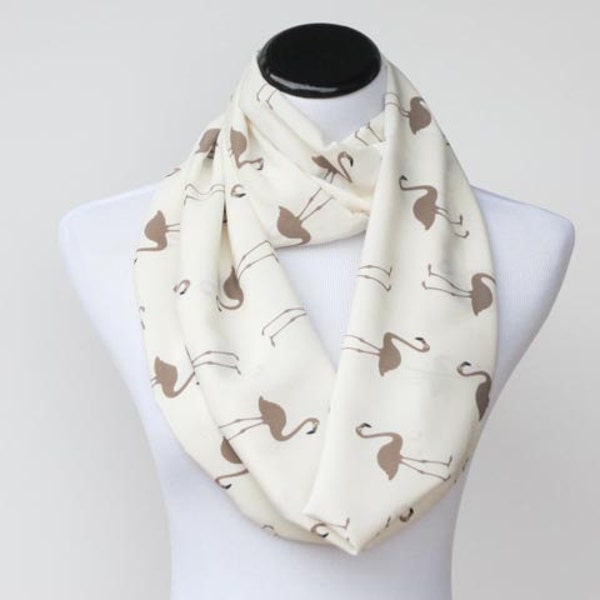 Cream Ivory Scarf Mother's day gift Flamingo bird infinity scarf ivory cream gray birds soft scarf feminine loop scarf snood scarf