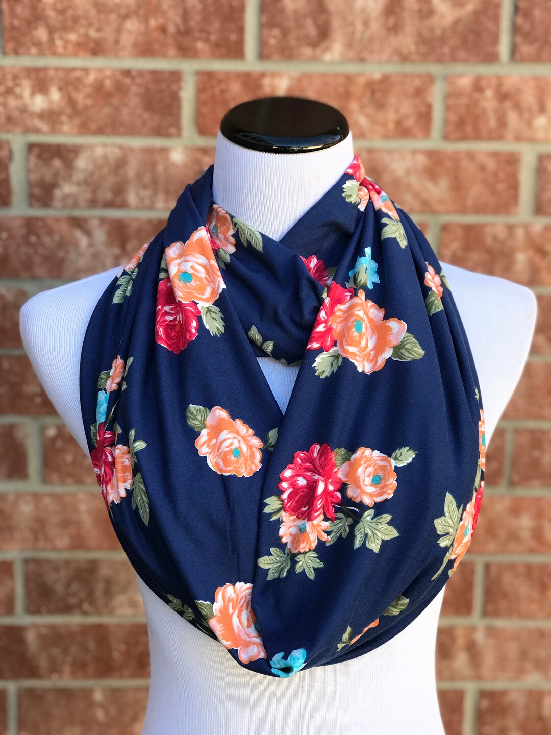 Navy Blue Floral Scarf Infinity Scarf Soft Jersey Knit Scarf Rose Print ...