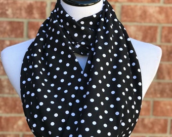 Black Scarf Infinity Scarf Black White Polka Dot Scarf Circle Scarf Loop Scarf gift idea for her Scarf gift for mom  & girl