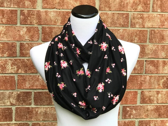 Black Floral Scarf Pink White Tiny Roses Scarf Infinity Scarf | Etsy