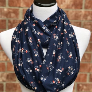 Navy Blue Floral Scarf Pink White Daisy Flowers Infinity Scarf Circle Loop Scarf Soft Jersey Knit Floral Bouquet Print Mother's day Gift