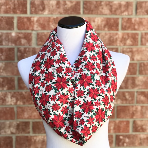 Christmas Scarf Red Poinsettia Ivory Red Green Infinity Scarf Cotton Flannel Scarf Christmas Red Winter Scarf