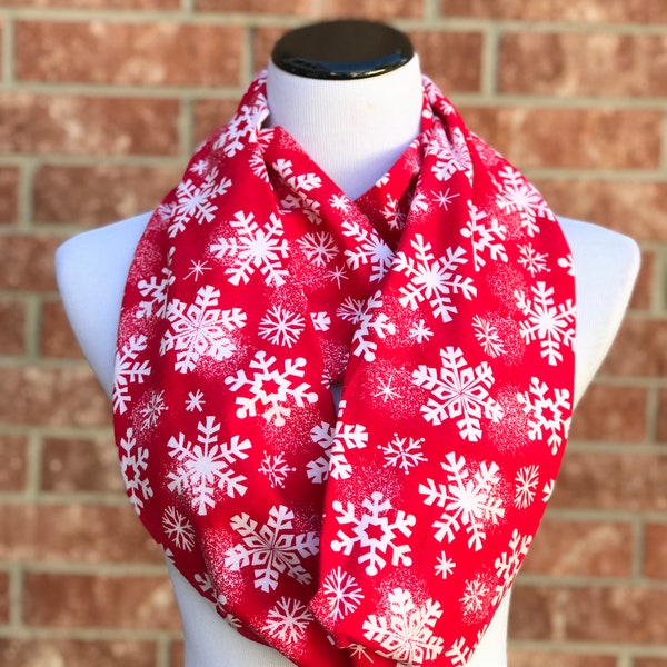 Snowflake Scarf Christmas Scarf Red White Snowflakes Infinity Scarf White Scandinavian Scarf Soft & Warm Winter Scarf Flannel scarf