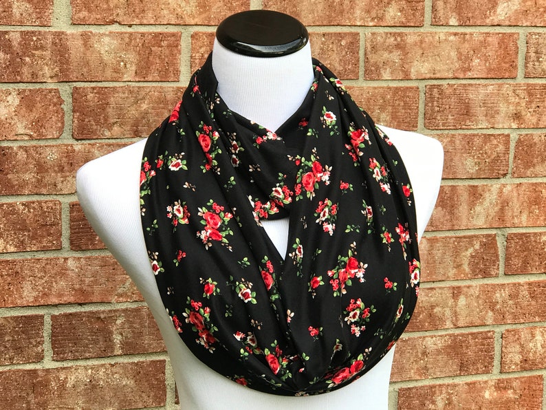 Rose Scarf Black Floral Scarf Red Roses Circle Scarf Infinity - Etsy
