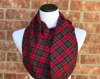 Red Plaid Flannel Scarf Christmas Scarf Checkered Infinity Scarf Warm scarf Classic Red Green plaids loop scarf gift for women teens men