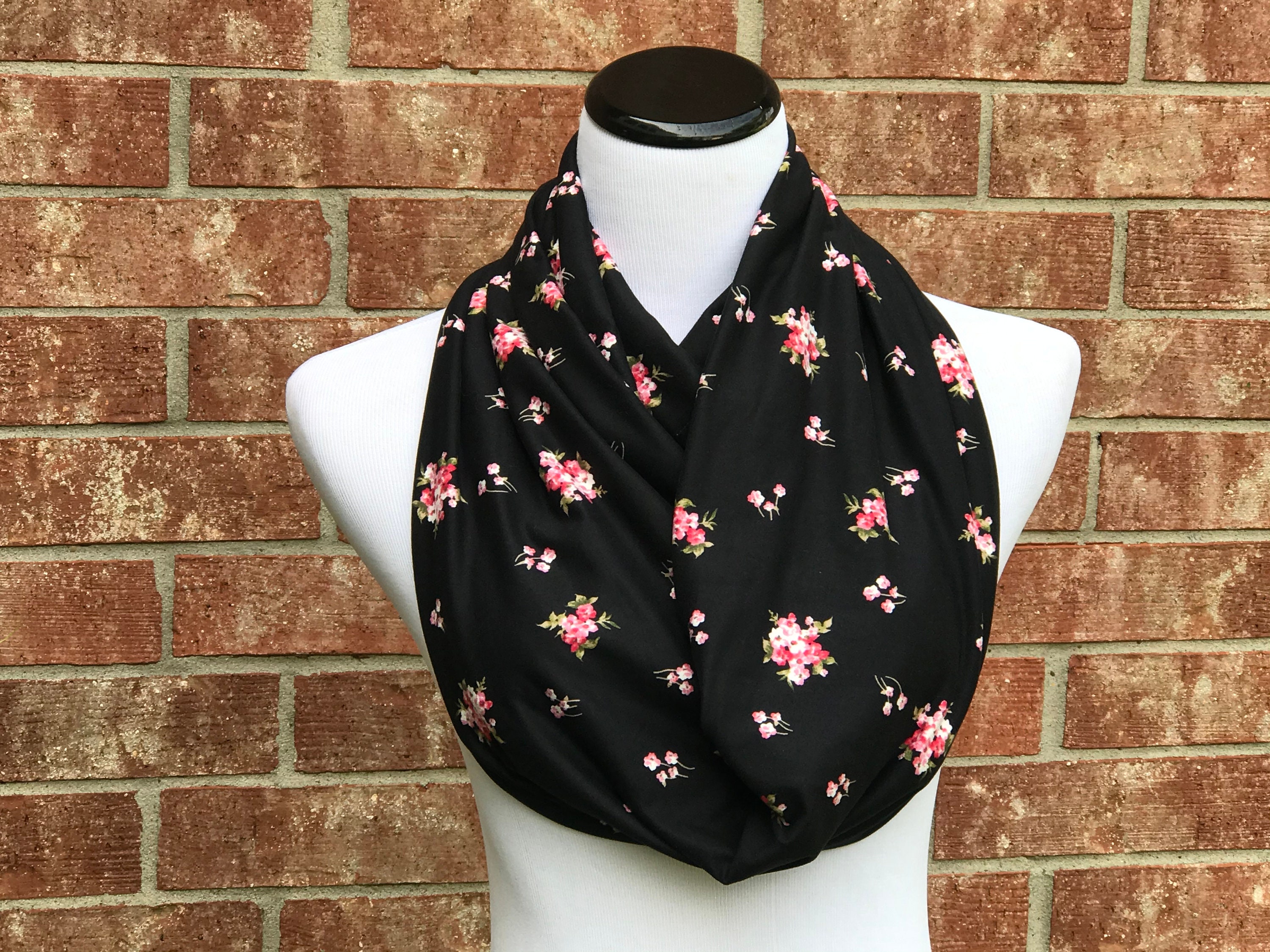 Black Floral Scarf Pink White Tiny Roses Scarf Infinity Scarf - Etsy