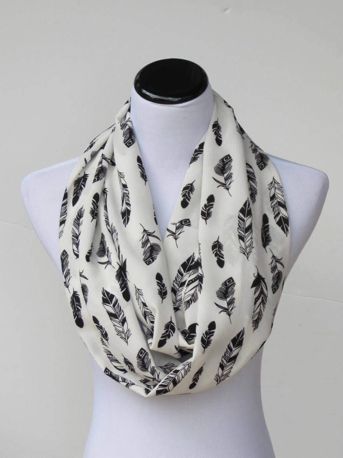 Feathers scarf feather print infinity scarf ivory white black Etsy