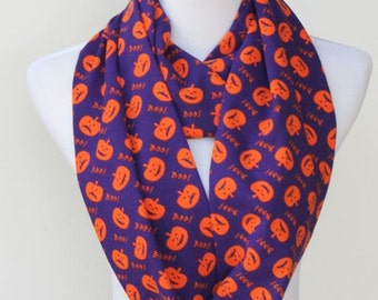 Halloween Scarf Orange Purple Pumpkin infinity Scarf cute circle scarf loop scarf jersey knit BOO Scarf - scarf for Halloween party