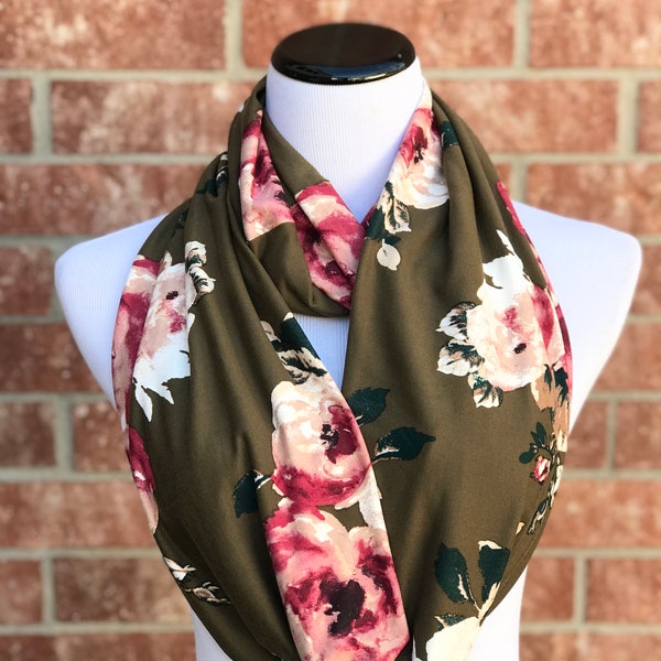 Floral Scarf Rose Scarf Olive Green Pink Flowers Scarf Infinity Scarf Rose Print Scarf Rustic Bouquet Flowers Autumn Scarf