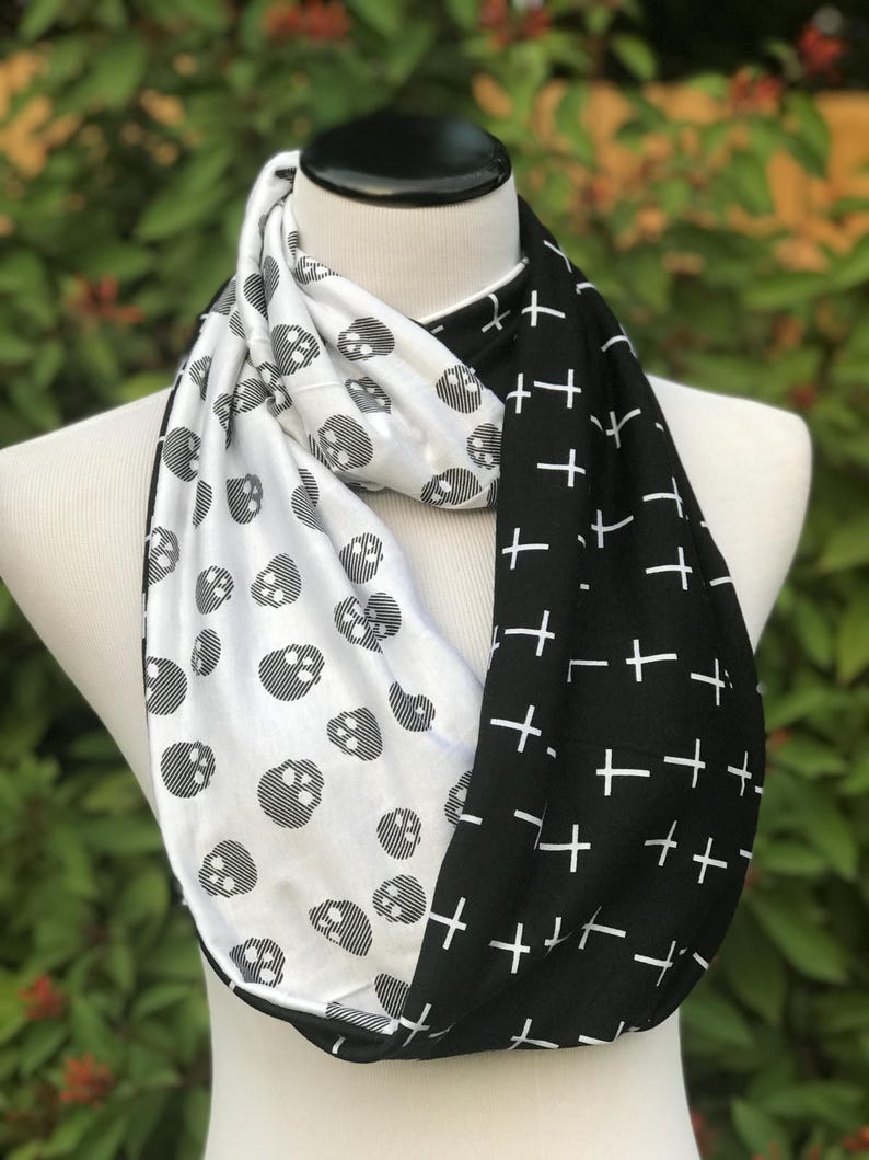 Skulls and Crosses Scarf White Black Halloween Skulls Reversible