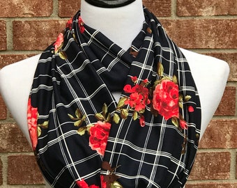 Floral Scarf Rose Scarf Navy Blue Red Green White Plaid Scarf Infinity Scarf Roses Print Scarf Feminine Scarf Bouquet Flowers Scarf Autumn