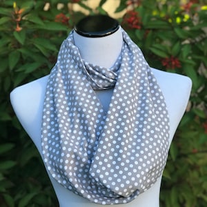 Polka Dot Scarf Gray Scarf Grey & White Scarf Infinity Scarf Dots Scarf Soft Cotton Jersey Knit Circle Scarf Loop Scarf gift idea