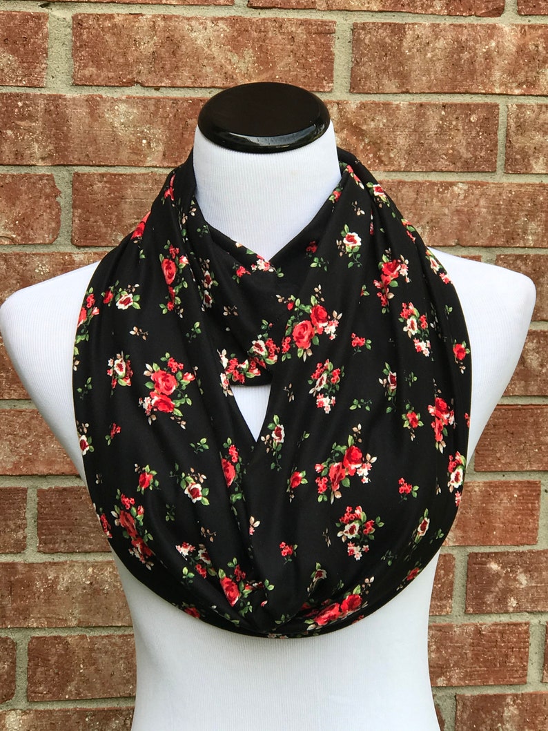 Rose Scarf Black Floral Scarf Red Roses Circle Scarf Infinity - Etsy