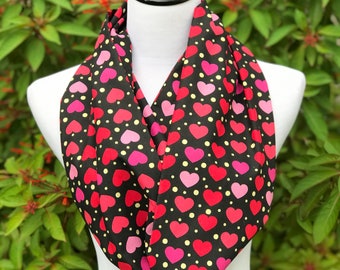 Hearts Scarf Valentine's day Scarf Infinity Scarf Black Pink Red Hearts Golden Glitter Dots Circle Scarf Loop Scarf Valentine Day Scarf gift