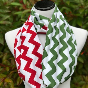 Red Green Scarf Christmas Scarf Chevron Infinity Scarf Colorblock Scarf soft jersey knit loop scarf, circle scarf for Christmas Holidays