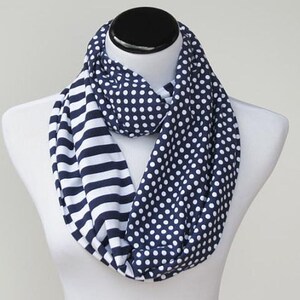 Navy Blue White Scarf Infinity Scarf Polka Dots and Stripes Scarf Circle Scarf Loop Scarf Nautical gift idea for women & teen girl
