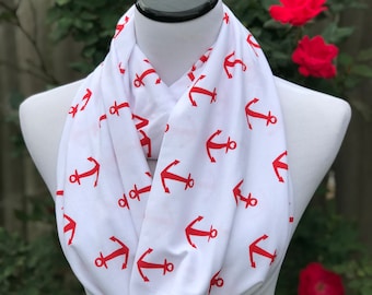 Red anchor infinity scarf jersey knit scarf nautical sailor circle scarf soft cotton loop scarf gift for woman and teenage girl