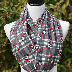 Mickey Scarf Mouse Scarf Infinity Scarf for Mickey Lovers Scarf Plaid Gray Red Beige White Scarf Loop Scarf