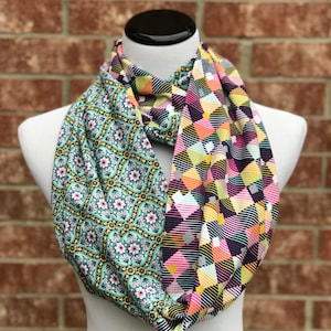 Infinity Scarf Teal Turquoise Purple Mustard Floral & Geometric Color Block Scarf Soft Jersey Knit Circle Scarf Loop Scarf Gift