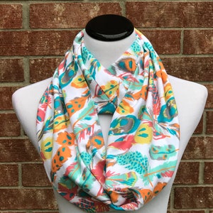 Feathers Print Scarf Infinity Scarf Jersey Knit Loop Scarf Autumn Colors Circle Scarf Boho Bohemian Scarf Pastel Teal Orange Yellow White