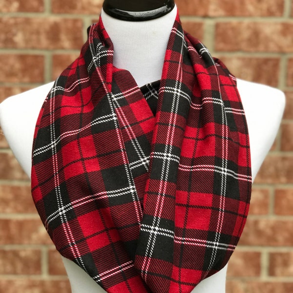Red Plaid Flannel Scarf Christmas Scarf Tartan Infinity Scarf Soft Warm Scarf Winter Autumn Red White Black Plaids Loop Scarf for women men