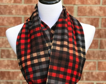 Plaid Scarf Gray Brown Rustic Red Black Infinity Scarf Buffalo Plaid Flannel Scarf Autumn Warm Winter Circle Scarf Loop Scarf Thanksgiving