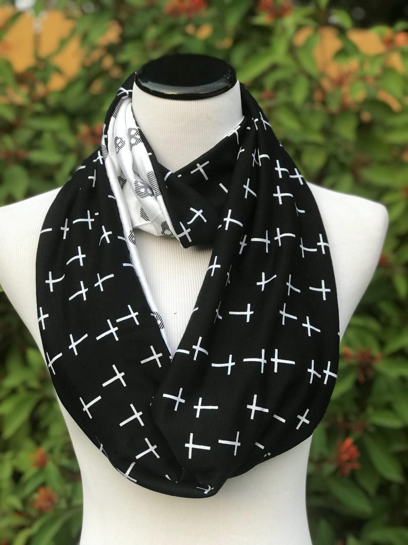 Skulls and Crosses Scarf White Black Halloween Skulls Reversible