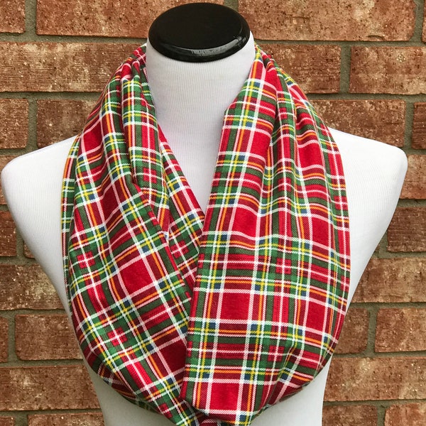 Red Green Plaid Scarf Christmas Scarf Infinity Scarf Tartan Checkered Warm Soft Cotton Flannel Scarf Red Plaids Loop Scarf