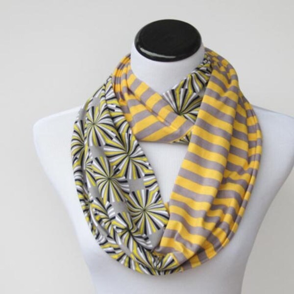 Gray Mustard Scarf Infinity Scarf Yellow Mustard & Gray Color Block Loop Scarf Circle Scarf Stripes Scarf Autumn Scarf for Mom and Teen girl