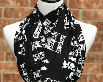 Black White Alphabet Scarf Infinity Scarf Book Scarf Letters Scarf Circle Scarf Loop Scarf - gift for teacher, girls, women