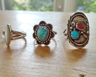 Vintage Southwestern Navajo Sterling Silver Turquoise Coral MOP Rings Priced Separately
