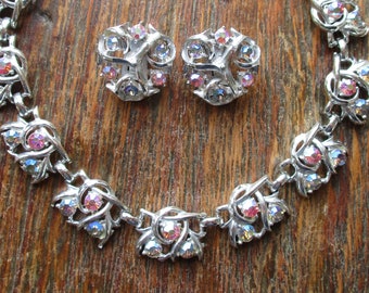 Vintage Pastel Rhinestone Adjustable Necklace Clip On Earrings Jewlery Set