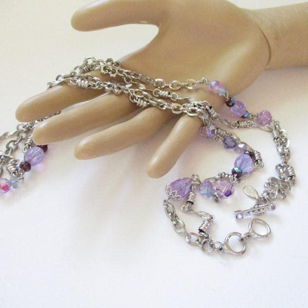 Vintage Signed Kirks Folly Double Strand Necklace Purple AB Crystals