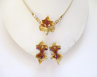 Vintage Rhinestone Iris Flower Necklace Screw Back Earrings Gold Tone Purple Rhinestones Large Earrings