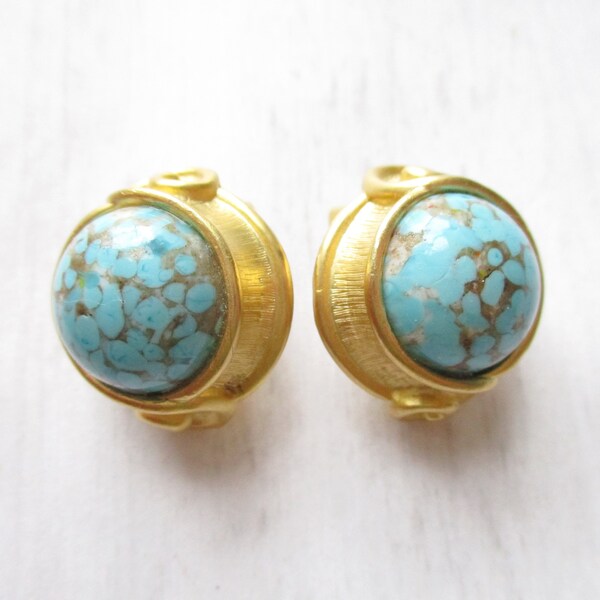 Vintage 1960s Speckled Blue Czech Glass Clip On Earrings Gold Plated