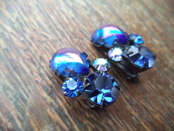 Vintage Blue Rhinestone Clip On Earrings Juliana … - image 2