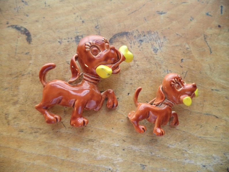 Vintage Mid Century Enamel Dog with Bone Pair of Scatter Pins Adorable Brown Puppy Yellow Bone