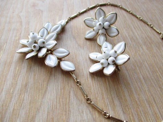 Vintage CORO White Flower Demi Parure Mid Century… - image 8