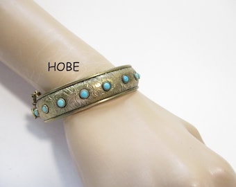 Vintage Signed HOBE Bangle Bracelet Matte Gold Tone Glass Turquoise