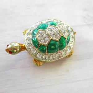Vintage Green Turtle Brooch Enamel Rhinestones Gold Tone