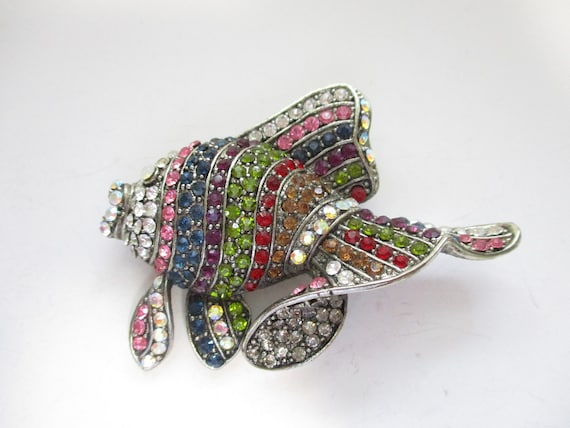 Large Vintage Rhinestone Fish Brooch Rainbow Fish… - image 1