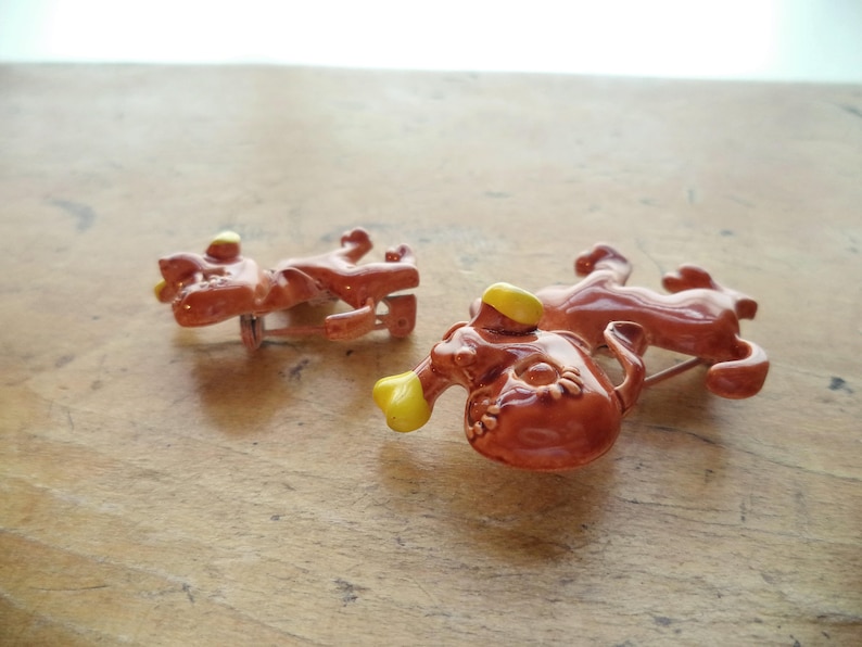 Vintage Mid Century Enamel Dog with Bone Pair of Scatter Pins Adorable Brown Puppy Yellow Bone
