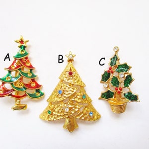 Vintage Christmas Tree Pins Brooches Gold Tone Rhinestone Enamel
