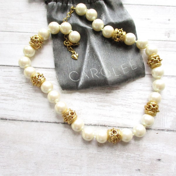 Vintage Signed Carolee Glass Pearl Gold Bead Necklace Adjustable