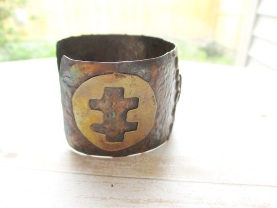 Vintage Wide Mixed Metal Cuff Bracelet Artisian C… - image 5