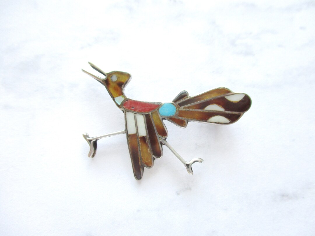 Vintage Zuni Sterling Roadrunner Bird Brooch Inlaid Stone Turquoise MOP