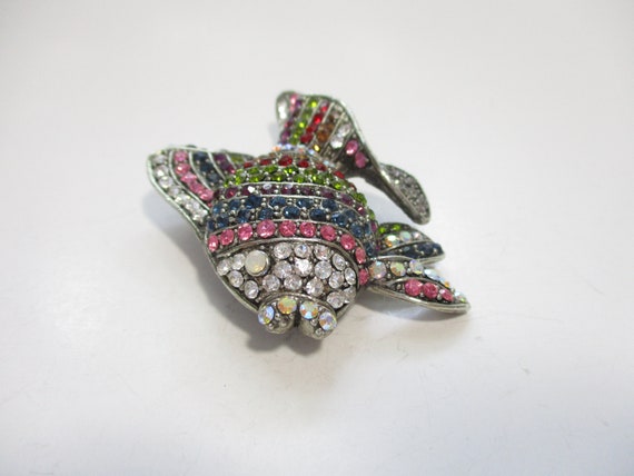 Large Vintage Rhinestone Fish Brooch Rainbow Fish… - image 4