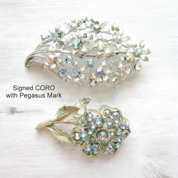 LOT Pair Vintage Signed CORO (with Pegasus Symbol) Rhinestone Brooches