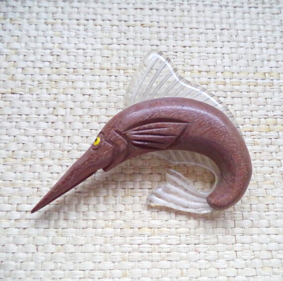 Wood Lucite Large 1940s Fish Brooch Carved Lucite