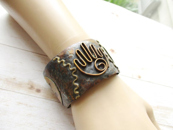 Vintage Wide Mixed Metal Cuff Bracelet Artisian C… - image 1